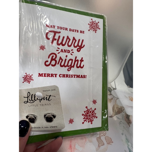 Women's Lillyput Little Things Pug Earrings & Christmas Greeting Card NWT - Picture 4 of 6